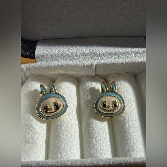 14K Gold Labubu Head Blue Monster Theme Enamel Stud Earrings Kawaii Boutique - Picture 2 of 5